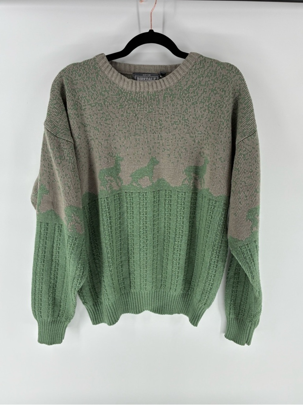 Vintage Knit Deer Print Green and Grey Men's Sweater